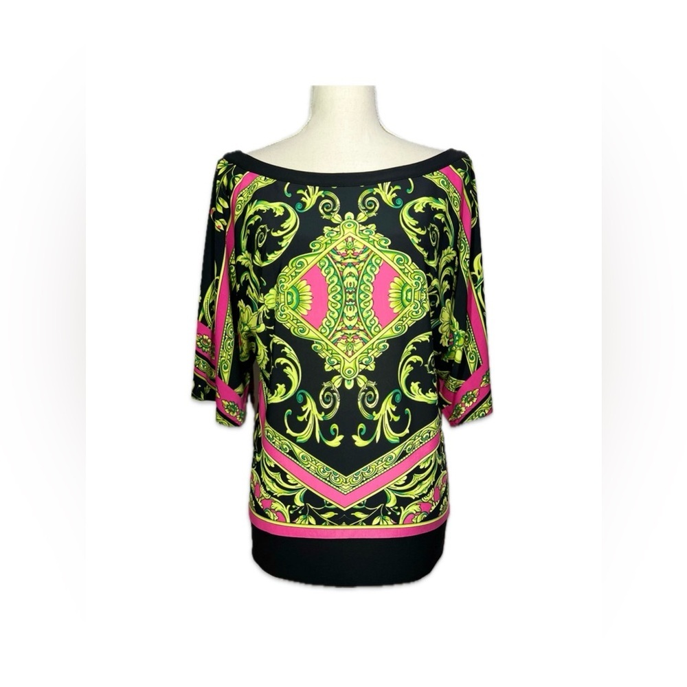 Joseph Ribkoff Baroque Blouse Size 8 Black Pink Green Boat Neck Statement Top